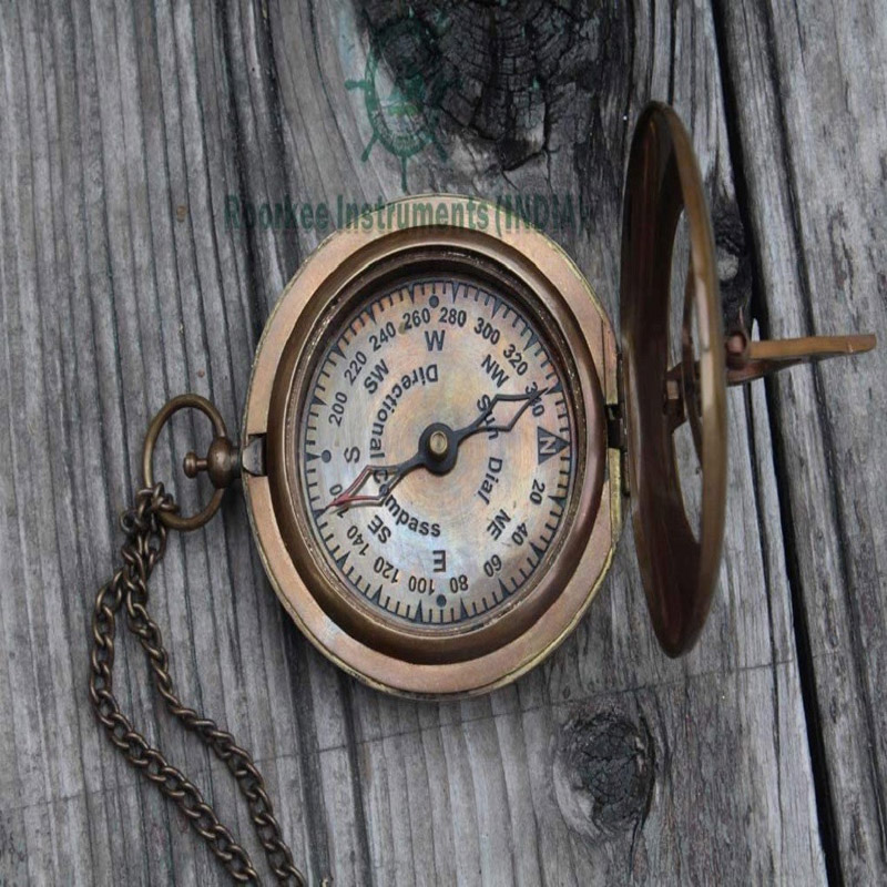  Antique Nautical Vintage Directional Magnetic Sundial Clock Pocket Marine Compass Essential Baptism Gifts with Wooden Case + Chain for Loved Ones, Son, Partner, Spouse, Fiancé 3&amp;amp;amp;amp;quot;