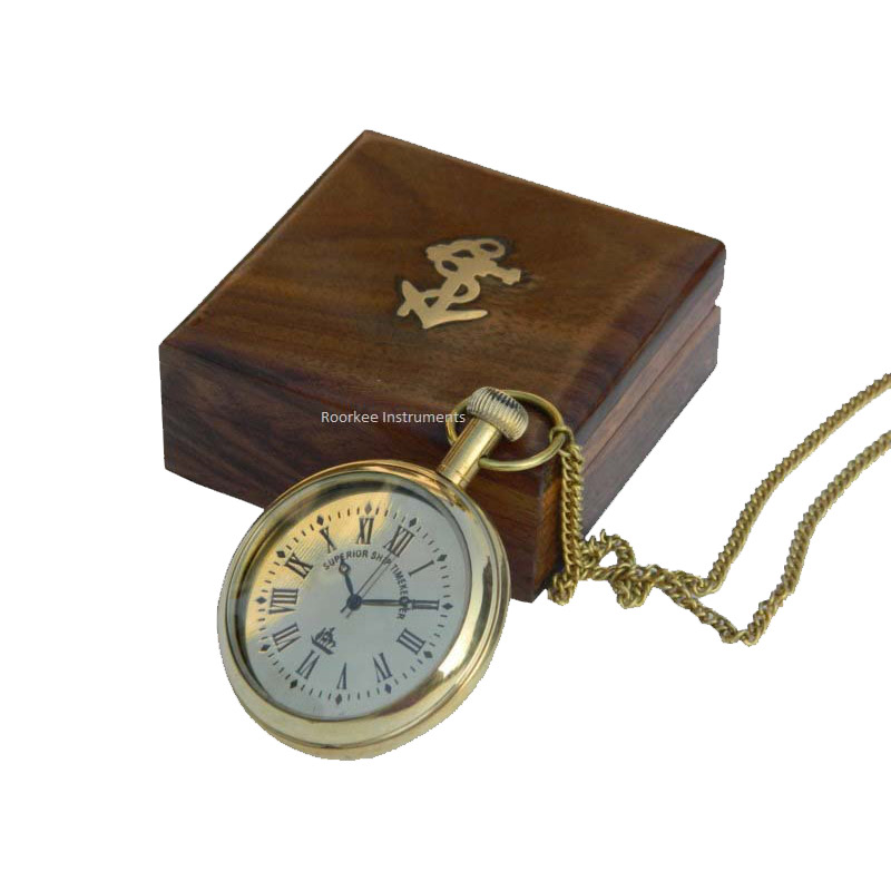 Antique vintage maritime brass pocket watch with wooden box