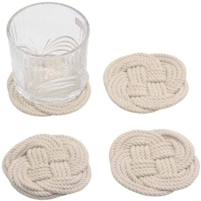 Jute Rope Coaster Set, Nautical Gift, Beach Décor, Surface-Protecting, Vintage Woven Coasters for Table Care, Absorbs Moisture Well, Set of 4 (White Cotton/Wood Case)