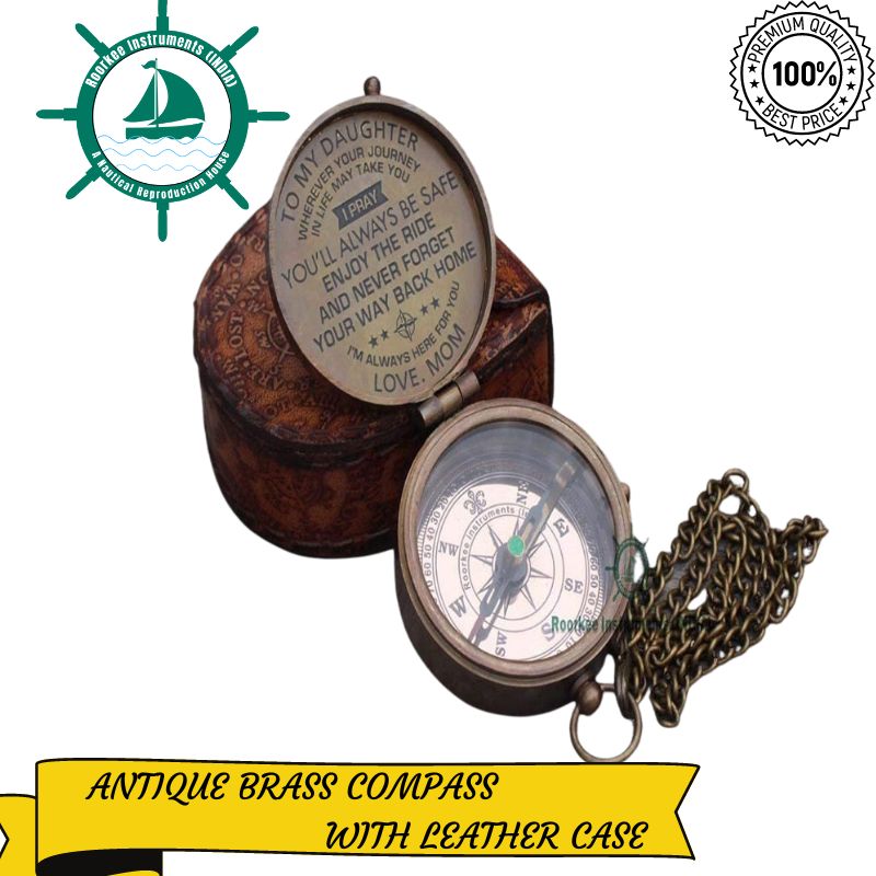 Antique Nautical Vintage Directional Magnetic Compass Famous Scripture Quote Engraved Baptism Gifts with Leather Wooden Case