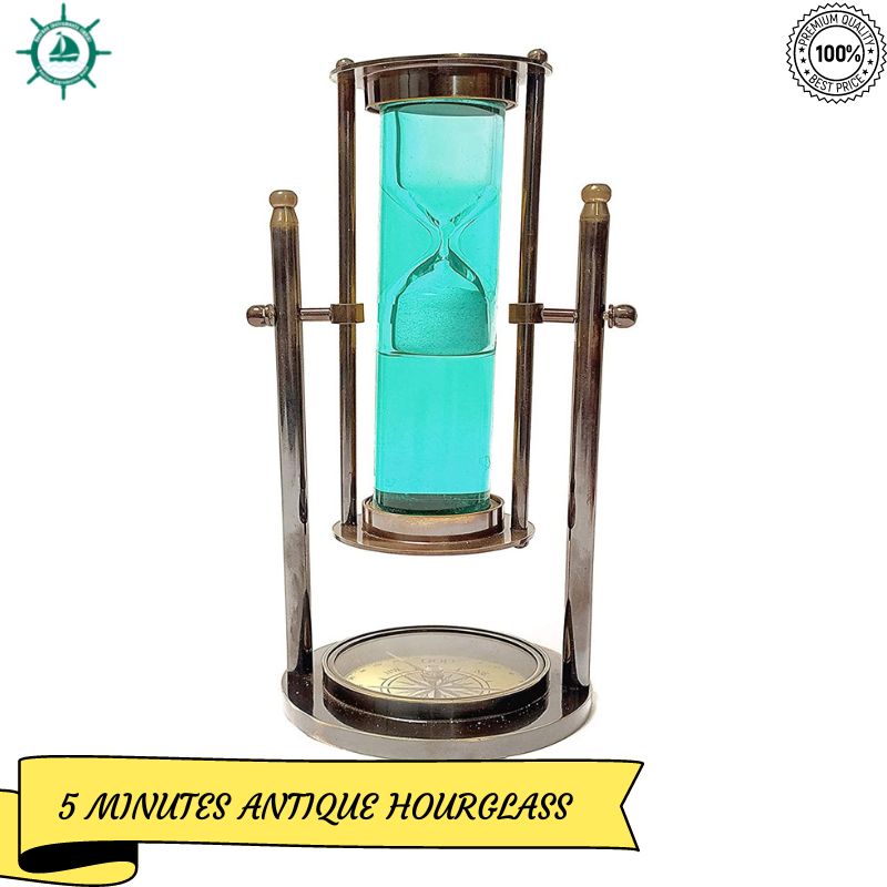 8.66 Inch Colourful Water Filled Tube Floating Sand Timer Hourglass with Compass - Handmade Rustic Decor Antique Brass Enclosed