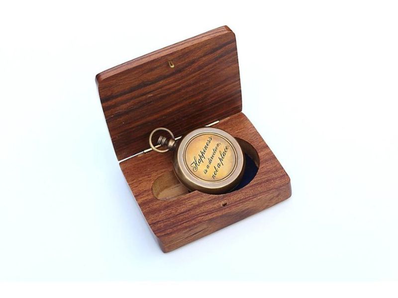 Happiness is a Direction Not a Place Brass Compass with Wooden Box – Inspirational Engraved Quote Compass Gift for Graduation, Birthday, Travel, Men, Women – Vintage Navigation Compass Decor