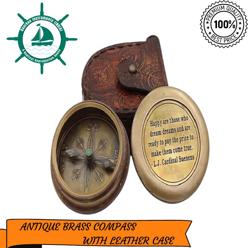 Suenens Happy are Those Who Dream Dreams Brass Compass with Leather Case