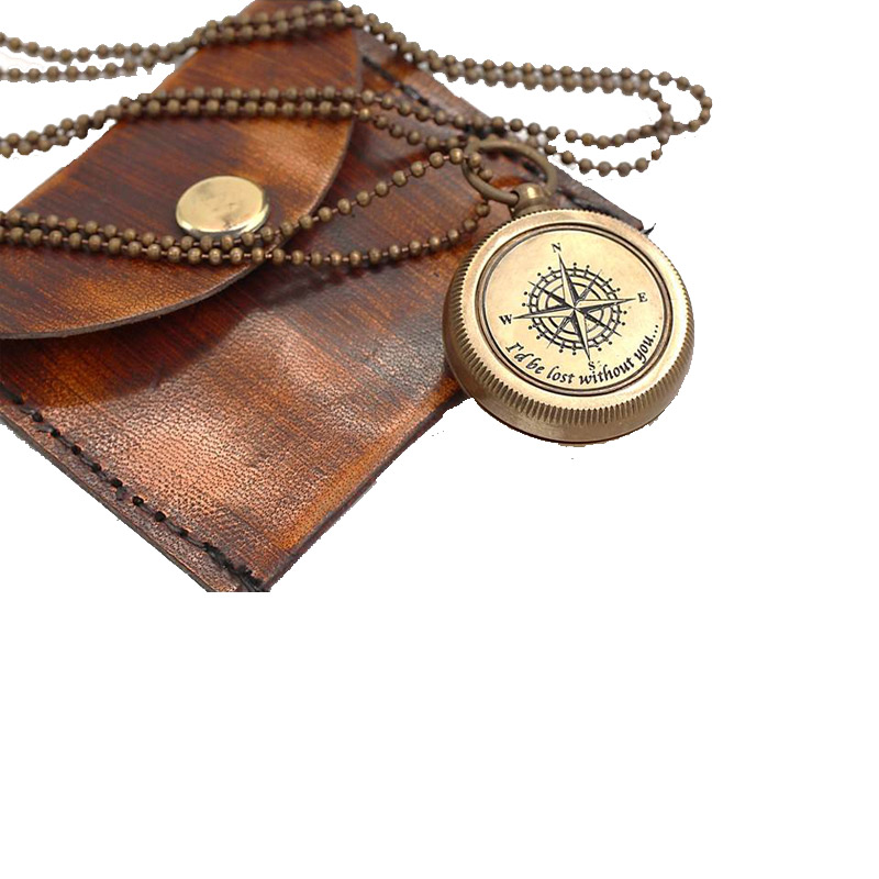 Antique Nautical Vintage Directional Magnetic Compass Engraved Quote Necklace with Leather Case 