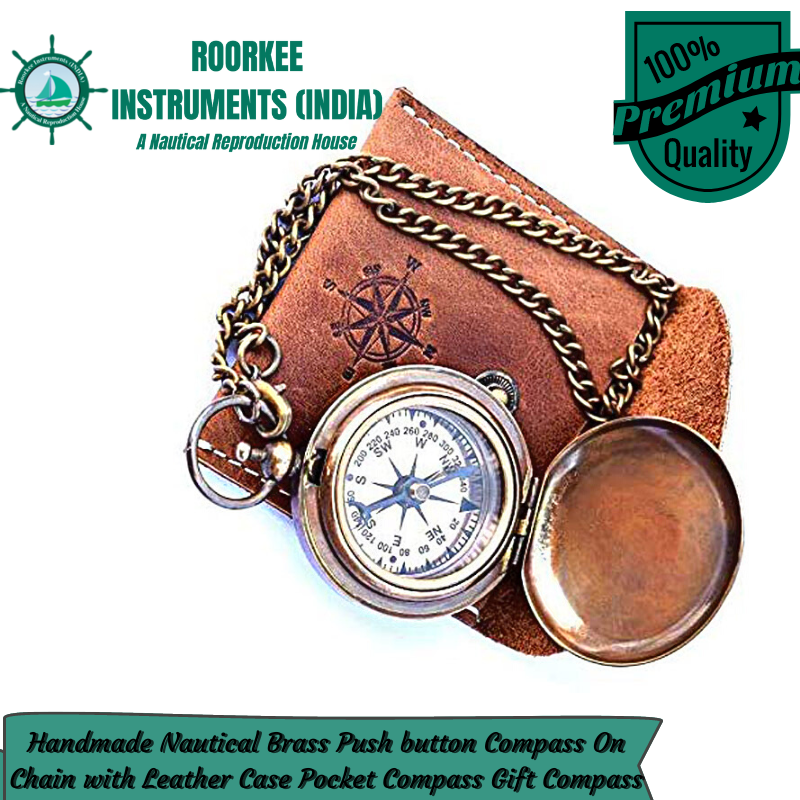 Handmade Nautical Brass Push Open Compass On Chain with Leather Case Pocket Compass Gift Compass