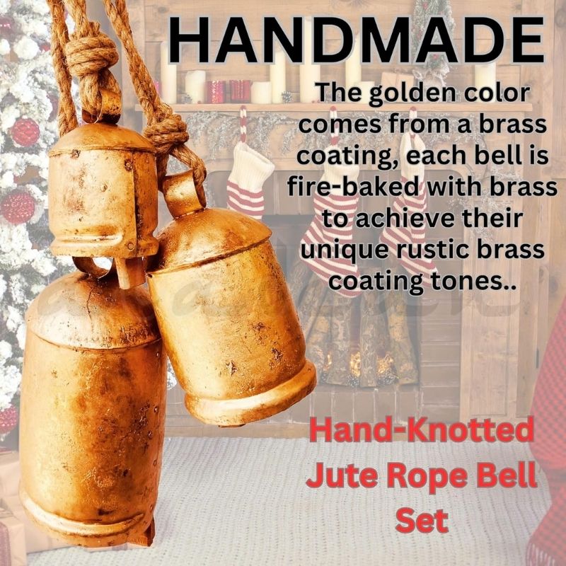 Decorative Cow Bells Set of 3 Large Harmony Bells - Vintage Giant Christmas Bells, Country Rustic Cowbell on Jute Rope XL Hanging Lucky Golden Bells (4"-6"-8")