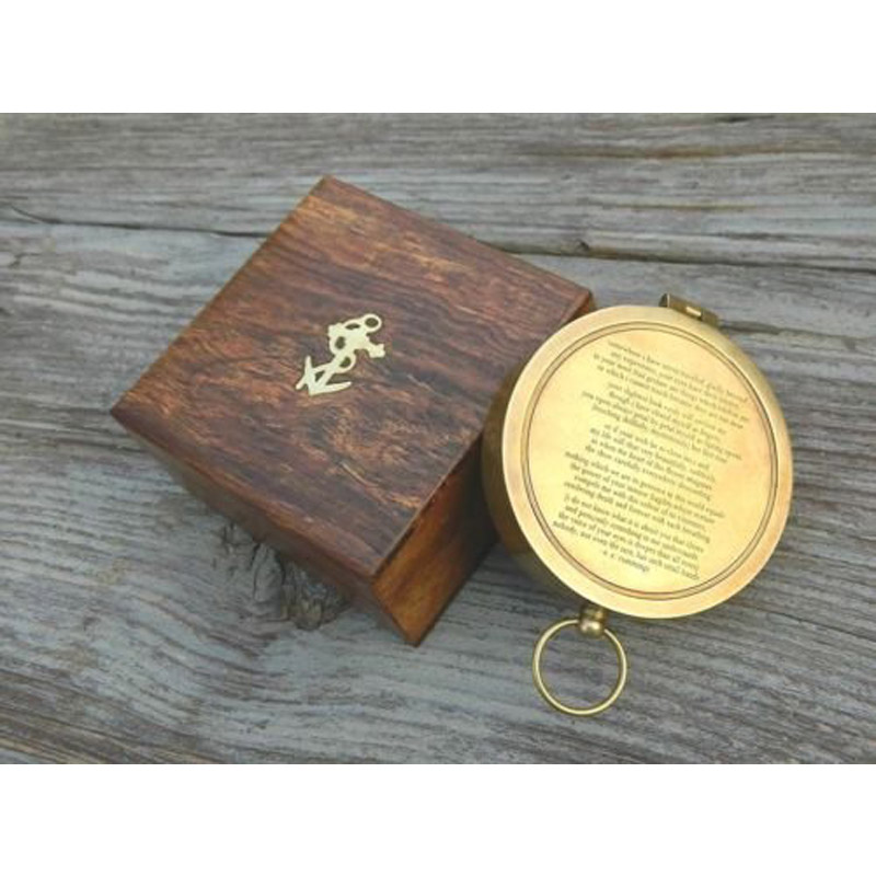 Solid Brass Compass 3 inches with Hard Wood Box Engraved Poem