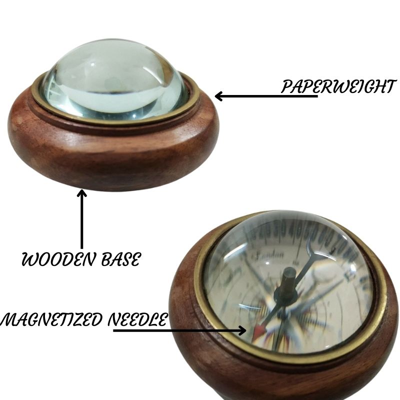 Wood Lens Brass Compass Table Top Decorative Paper Weight Purpose Collectible Gift