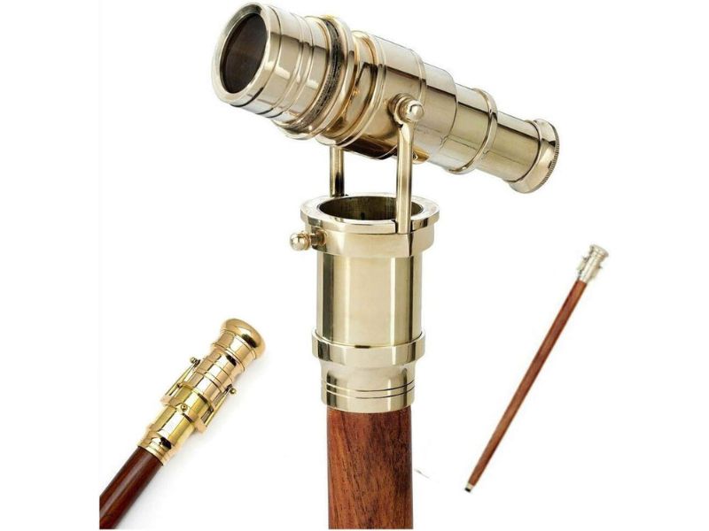 Brass Walking Stick Vintage Handle Victorian Telescope Head Foldable Steampunk Accessories Wooden Walking Stick Cane for Men and Women
