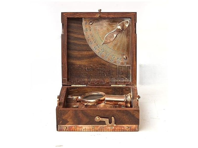 Antique Marine Master Instrument Box – Brass Telescope, Compass, Spirit Level, Alidade & Scale in Wooden Case – Nautical Navigation Chart Collectible | Vintage Maritime Gift for Collectors & Decor