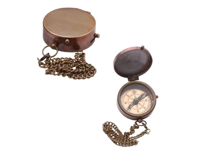 Solid Brass Vintage Compass with Chain and Wooden Box – Antique Maritime Directional Pocket Compass for Navigation, Hiking, Camping, Graduation or Travel Gift – Handmade Collectible by Roorkee Instruments India