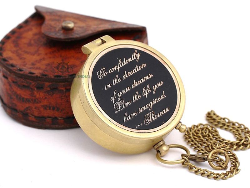 Go Confidently in The Direction of Your Dreams Brass Compass – Thoreau Quote Engraved Compass with Leather Case, Inspirational Graduation Gift for Men Women, Working Nautical Compass