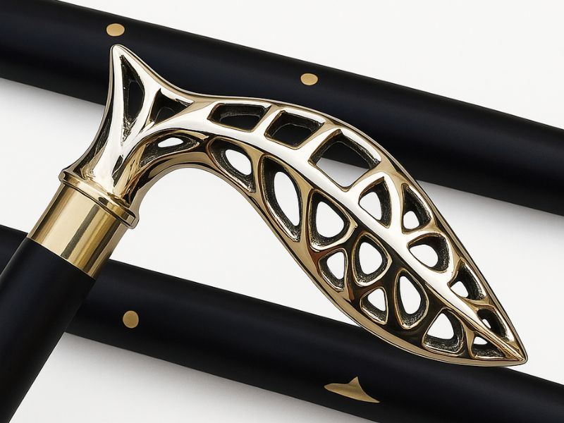 Designer Brass Leaf Handle Walking Stick – Elegant Vintage Cane with Hollow Filigree Brass Grip & Black Wooden Shaft – Collectible Gentleman’s Walking Cane Gift