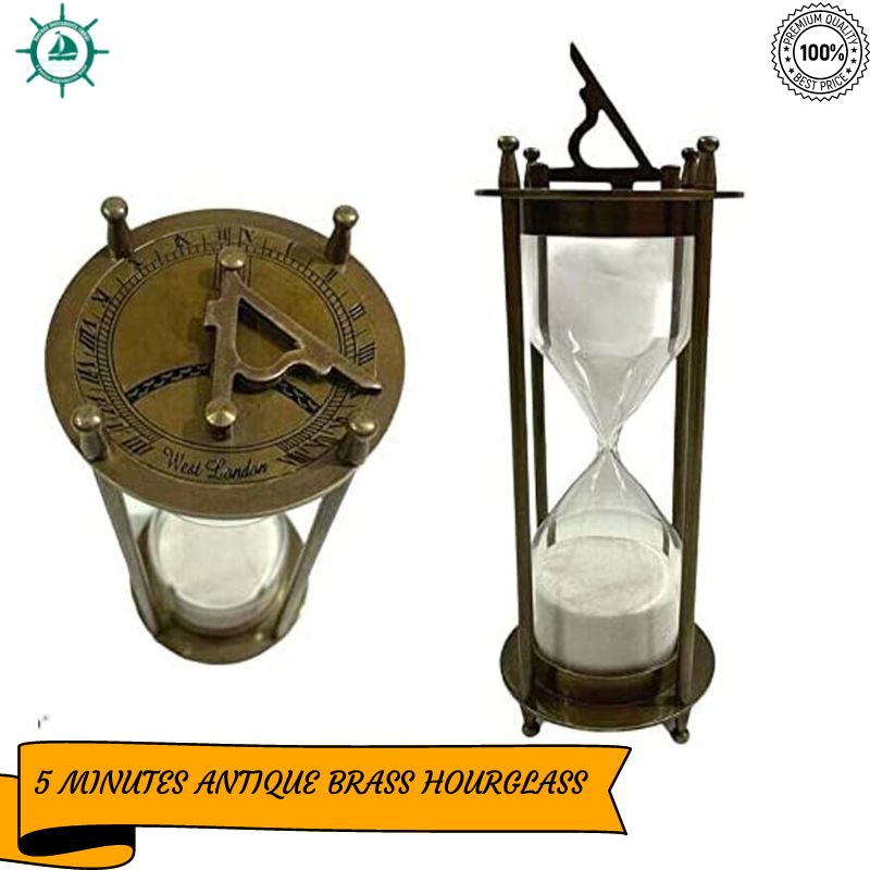 LOT of 2 PCS. Vintage Hourglass Nautical Maritime Decorative Brass Sand Timer 6&amp;quot; with Sundial