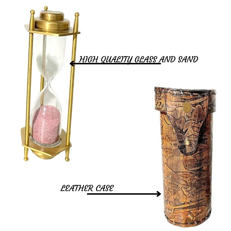 Solid Brass Hour Glass Sand Timer Clock Antique Brass Kelvin &amp;amp; Hughes Mark Nautical Timer Beautiful Pink Color Sand with Engrave Leather Box Gift