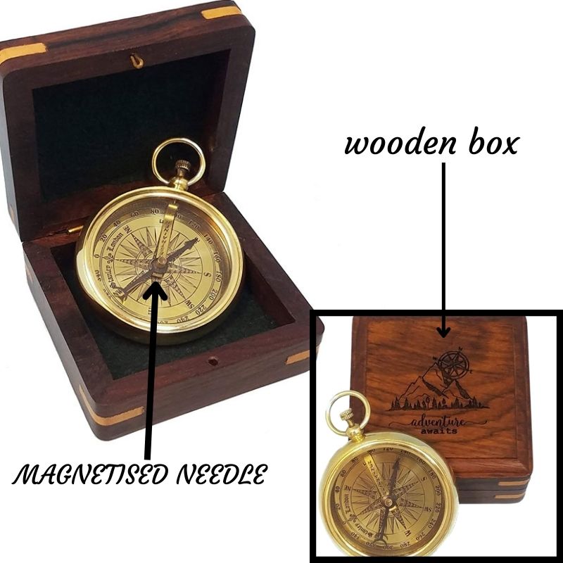 Brass Pocket Compass in Engraved Box - Adventure Awaits - Great for Camping, Hiking, Scouting, and Orienteering