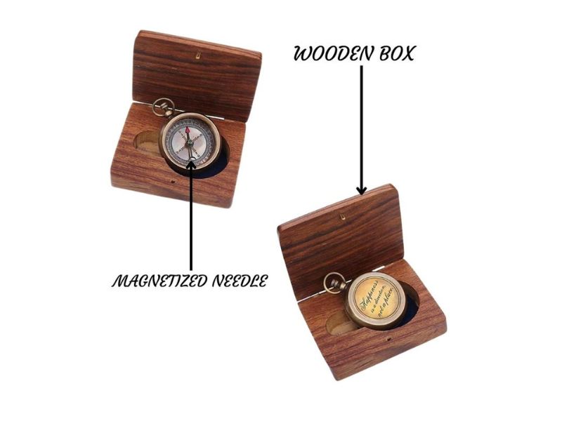 Happiness is a Direction Not a Place Brass Compass with Wooden Box – Inspirational Engraved Quote Compass Gift for Graduation, Birthday, Travel, Men, Women – Vintage Navigation Compass Decor