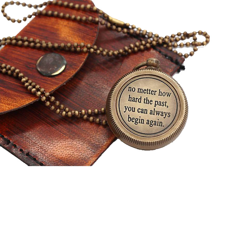 Antique Nautical Vintage Directional Magnetic Compass Engraved Quote !NO MATTER! Necklace with Leather Case 