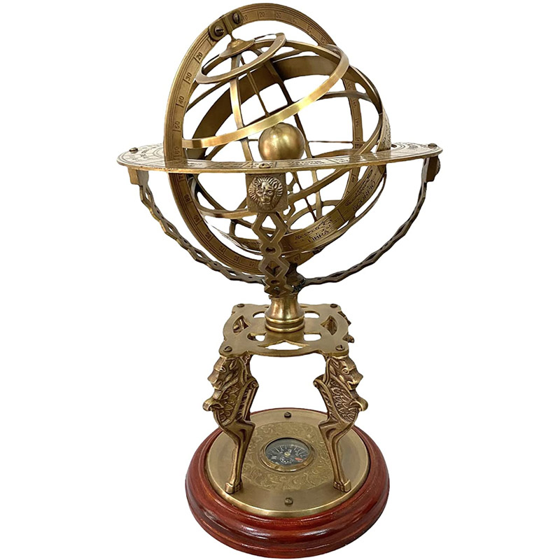 Antique Brass 18 Inches Armillary Globe Sphere Engraved with Compass on Wooden Base Home and Office Decor