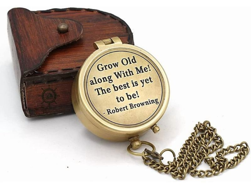 Grow Old Along With Me Compass, Robert Browning Quote Engraved Brass Compass with Leather Case, Anniversary Gift for Husband Wife, Romantic Vintage Nautical Compass, Wedding Gift Keepsake