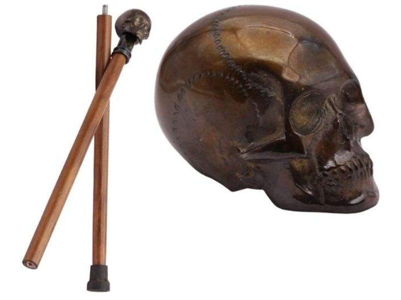 Antique Brass Skull Walking Cane – Gothic Steampunk Men’s Walking Stick with Solid Wood Shaft & Bronze Finish Skull Handle – Collectible Victorian Prop & Costume Accessory