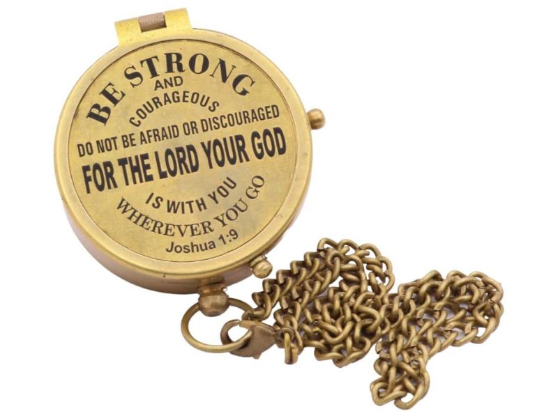 Be Strong and Courageous, Joshua 1:9 – Solid Brass Engraved Compass with Leather Case | Christian Gift for Baptism, First Communion, Confirmation, Graduation | Inspirational Religious Gift for Boys, Girls & Men