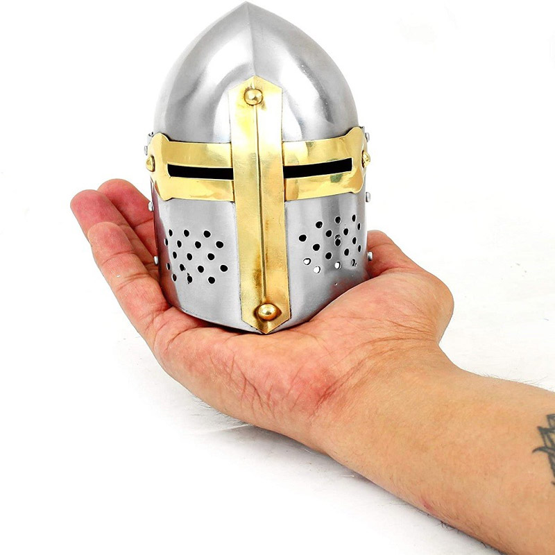 Mini Handheld Sized Medieval Sugarloaf Brass Crusader and Templar Steel and Brass Helmet  Home Decor Accent Artifacts