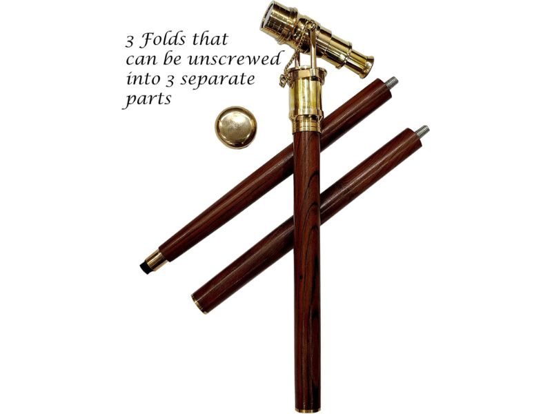 Brass Walking Stick Vintage Handle Victorian Telescope Head Foldable Steampunk Accessories Wooden Walking Stick Cane for Men and Women