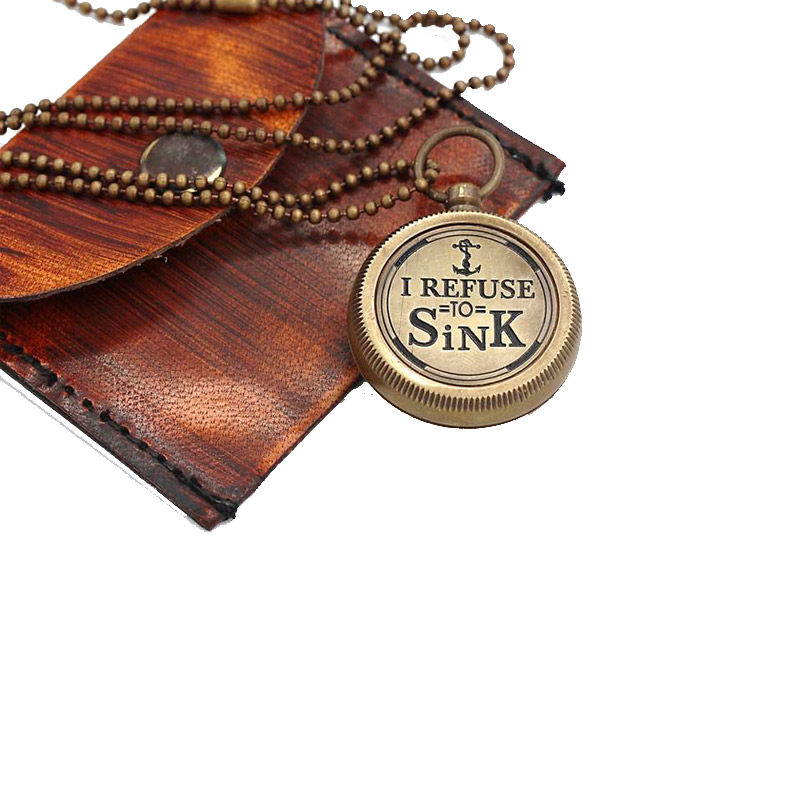 Antique Nautical Vintage Directional Magnetic Compass Engraved Quote ! I REFUSE TO SINK ! Necklace with Leather Case 