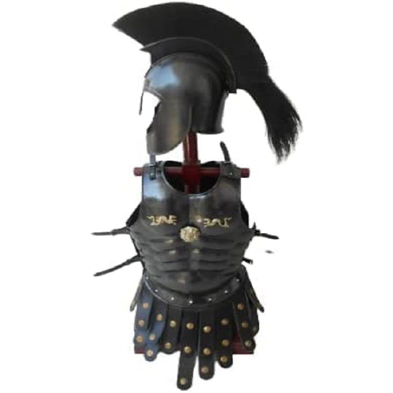 Medieval Roman Muscle Armor Jacket with Troy Helmet Black Finish Reenactment