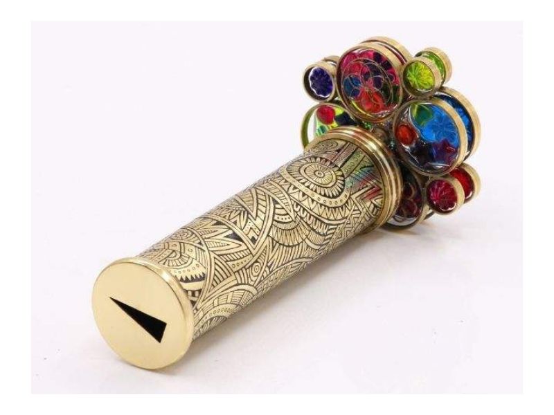 Handcrafted Brass Kaleidoscope for Adults &amp; Kids with Floral Etched Tube, Dual Turning Wheels, Wooden Stand Decorative Gift
