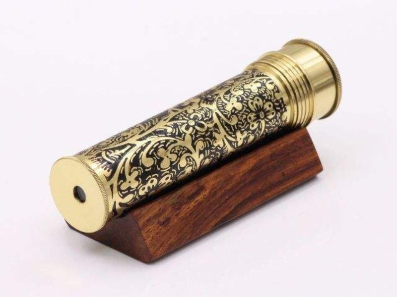 Etched Brass Handmade Kaleidoscope with Lampworked Glass Beads Dry Object Chamber & Wooden Stand Unique Collectible Gift