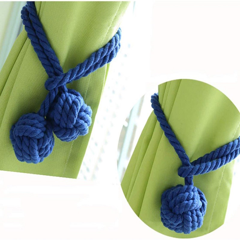  02pcs (1 Pair) Braided Drapery Tiebacks Curtain Holdbacks Hand Knitting with Double Ball Cotton Rope Tassel - Blue