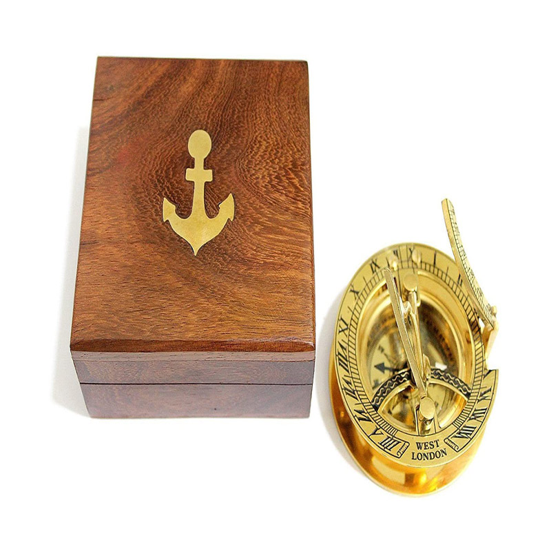 3 Inches Sundial Compass with Teak Wood Box Inlaid with Solid Brass