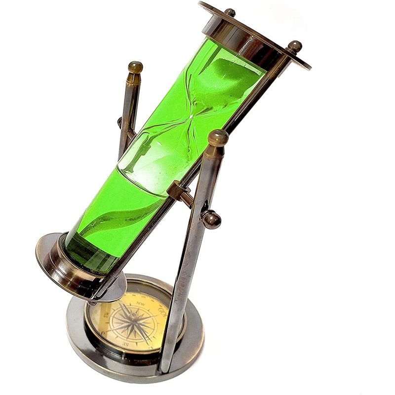 8.66 Inch Colourful Water Filled Tube Floating Sand Timer Hourglass with Compass - Handmade Rustic Decor Antique Brass Enclosed