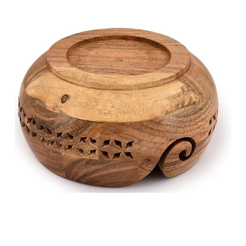 Acacia Wood Yarn Bowl Holder |Hand Carved Yarn Bowls for DIY Knitting Crocheting Accessories (7 x 7x 4 )