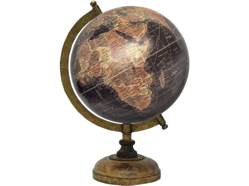 Vintage Decorative World Globe with Wooden Base & Brass Arc Stand – 8 Inch Rotating Antique-Style Desk Globe for Home, Office & Study Decor
