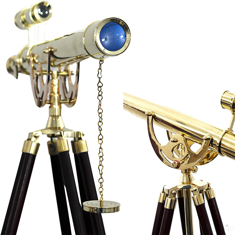 Maritime Telescope Wooden Tripod Stand Harbor Master Shiny Brass Double Barrel Telescope