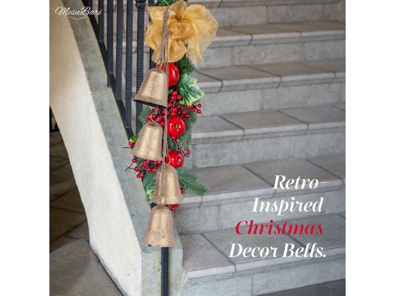 Handmade Rustic Cow Bells Set of 4 – Decorative Metal Wind Chimes with Natural Jute Rope | Soothing Relaxing Sound for Home, Garden, Balcony, Patio & Christmas Decor