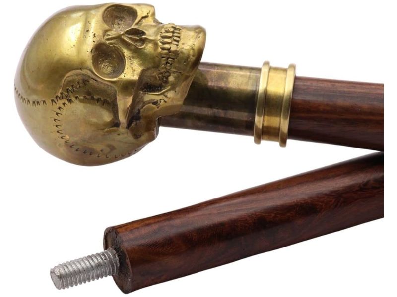 Brass Skull Walking Cane for Men – Heavy Old Brass Cast Skull Handle Walking Stick – Gothic Steampunk Decorative Cane – Solid Hardwood Shaft – Collectible Prop, Costume & Gift
