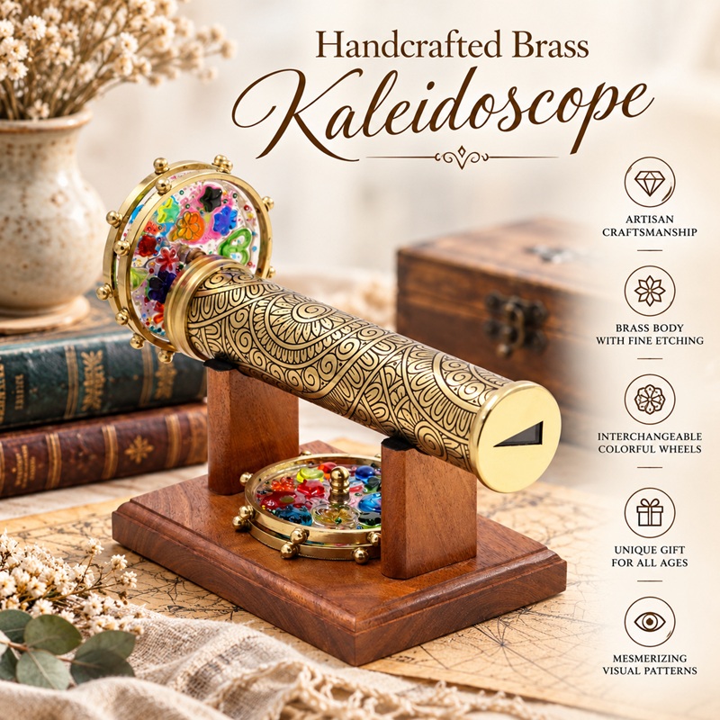Handcrafted Brass Kaleidoscope with Interchangeable Wheels, Engraved Mandala Design, Wooden Stand