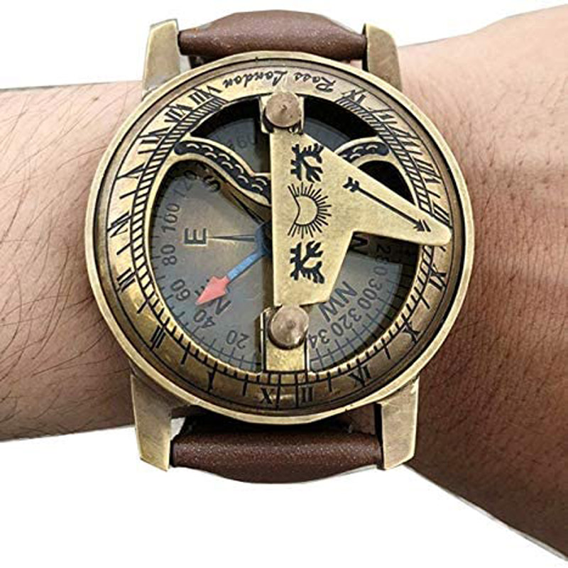 Brass Sundial Clock Leather Stripe Stamped Wrist Compass Navigation