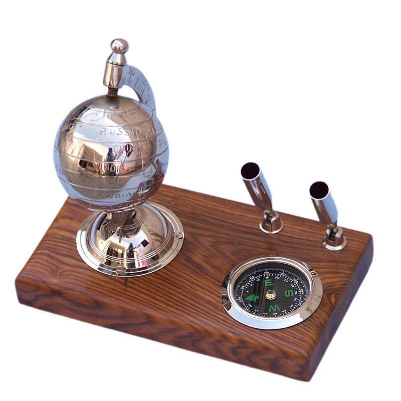 Brass World Globe Compass Pen Holder Desk Set with Wooden Base | Vintage Nautical Executive Gift