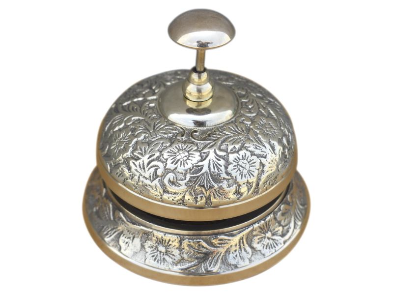 Solid Brass Victorian Service Desk Bell – Vintage Embossed Table Call Bell for Hotel, Office, Reception, Restaurant, and Home Décor – Antique Brass Finish, Loud & Clear Ringing