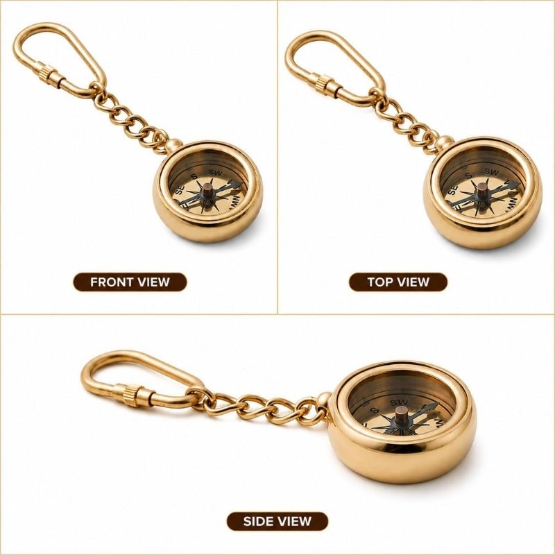 Vintage Antique Brass Compass Keychain | Directional Compass Key Ring | Compass for Kids Survival | Retro Metal Compass Keyring for Men & Women | Gift for Travelers & Adventurers