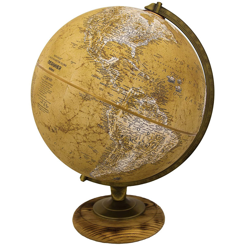 Designer Series Globe, Old World Style Globe, Raised Relief, Charred Hardwood Base, Antique brass plated Semi-Meridian, Velvety texture ball (12 Inches diameter)