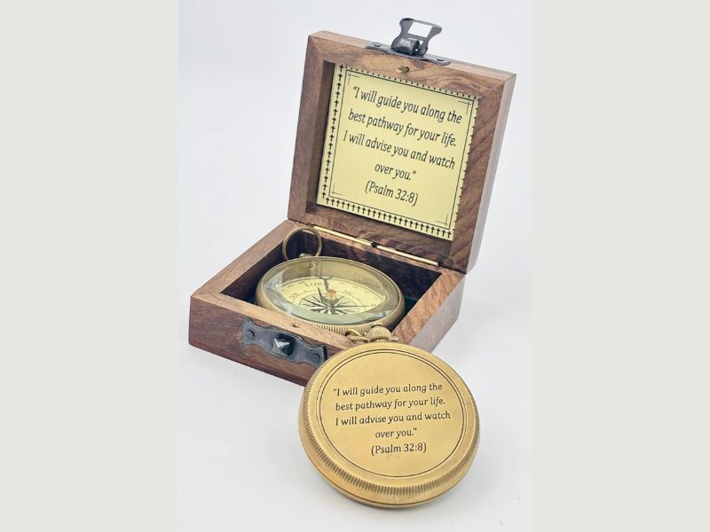 Antique Brass Engraved Compass with Wooden Box | Portable Navigation Compass for Hiking, Camping & Survival | Vintage Nautical Compass Gift for Men, Son, Husband, Birthday or Graduation