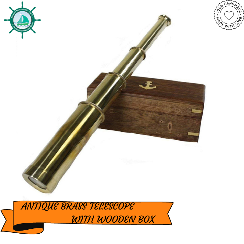 15 inches Solid Brass Handheld Telescope with Wooden Box - 12x Magnification