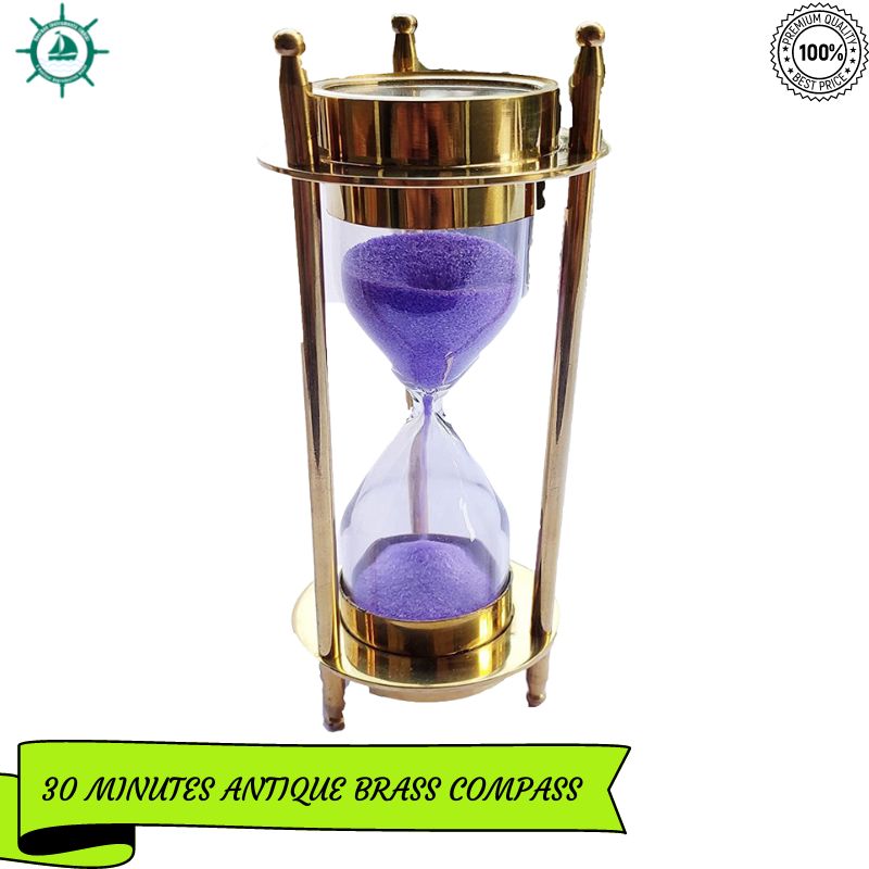 Nautical Brass Sand Timer Hourglass with Maritime Brass Compass Table Decorative 5 Inches Brass Sandtimer