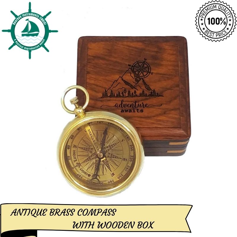 Brass Pocket Compass in Engraved Box - Adventure Awaits - Great for Camping, Hiking, Scouting, and Orienteering